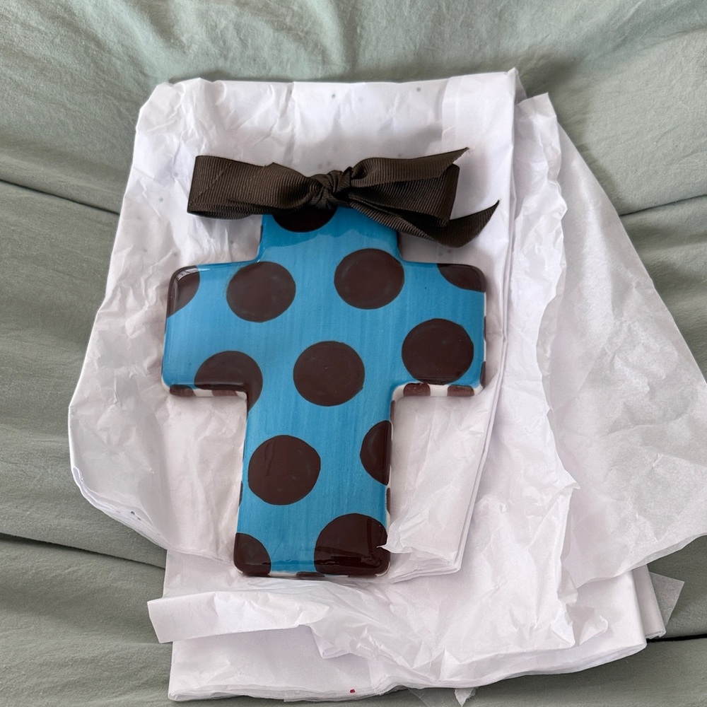 Blue and Brown Polka Dot Cross with Bow